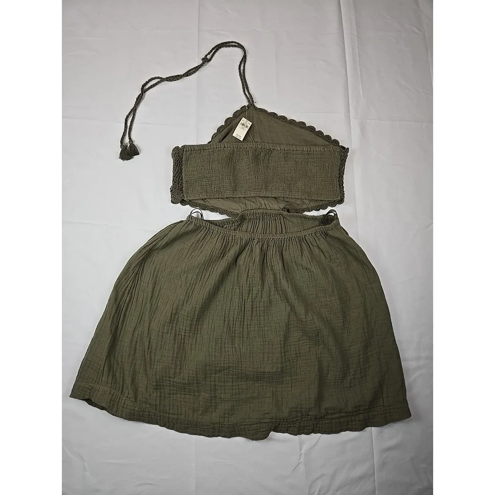 Aerie NEW Crochet Halter Top Gauze Olive Green LARGE Cottagecore Feminine Dress - Picture 4 of 12